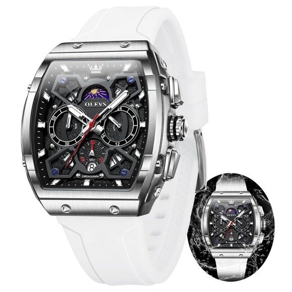 Men's Chronograph Watch with Moon Phase Silicone Strap Waterproof